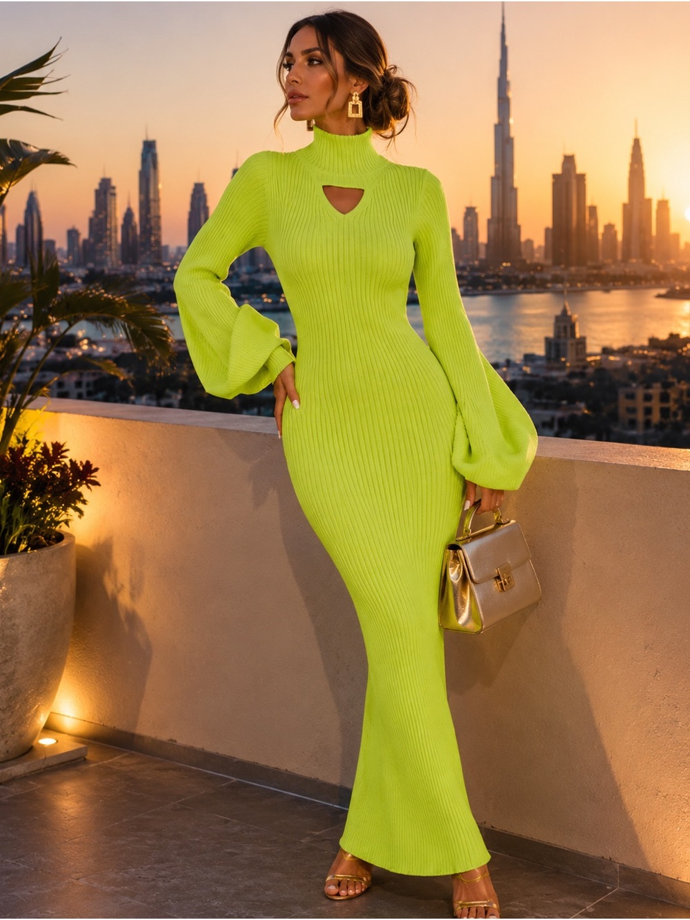Bella Barnett Toccara Knit Maxi Dress size L Neon Lime Green Sleeve Party Dress